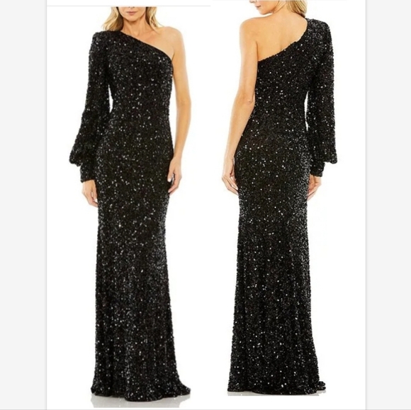 Mac Duggal Sequin Asymmetrical One Long Bishop Sleeve Sheath Gown 26717 SZ 0 NWT - Picture 1 of 12